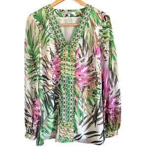 BADGLEY MISCHKA | Tropical Print V Neck Tunic Shirt with Peasant Sleeves | Sz 4